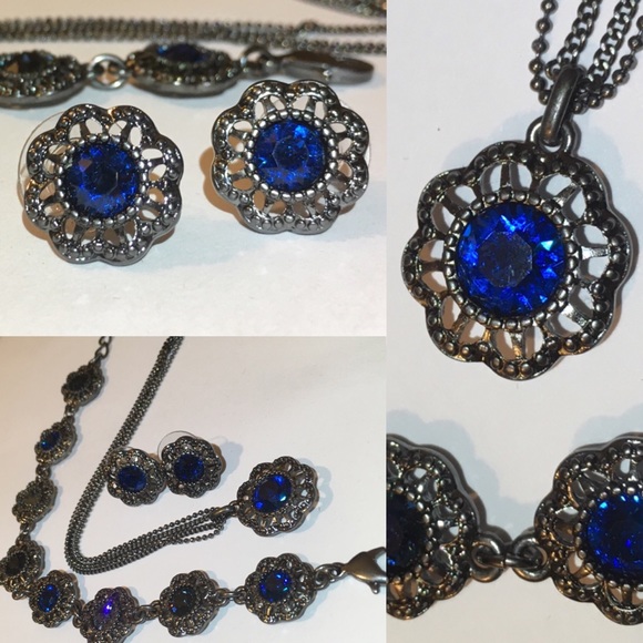 Blue Crystal & Hematite Statement Necklace Earrings Set - Picture 4 of 12
